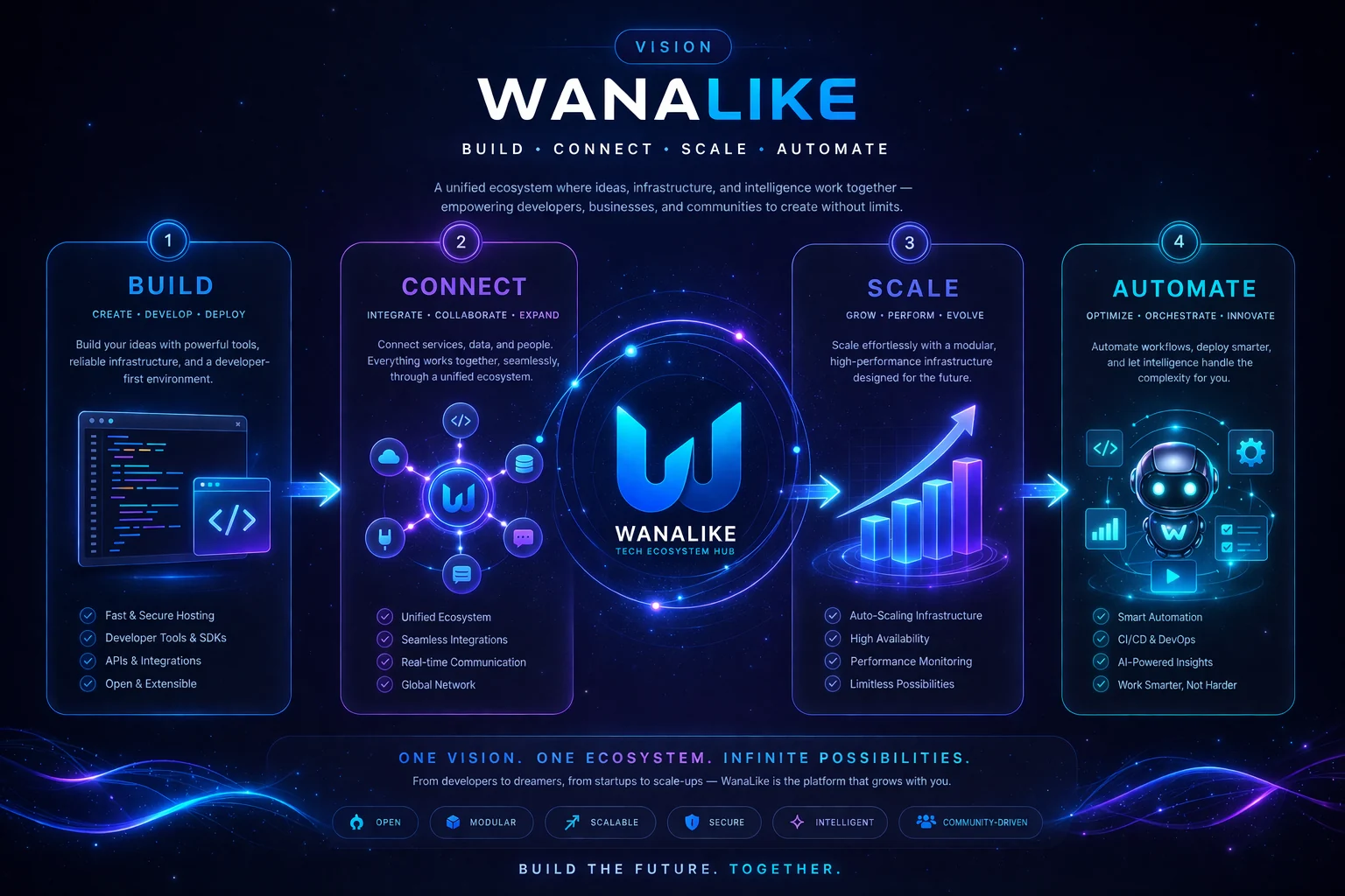 Infographie de vision WanaLike avec Build, Connect, Scale, Automate